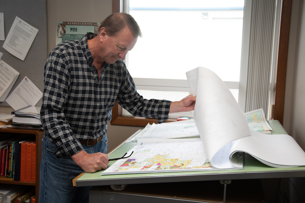 Forester reviewing map of forest