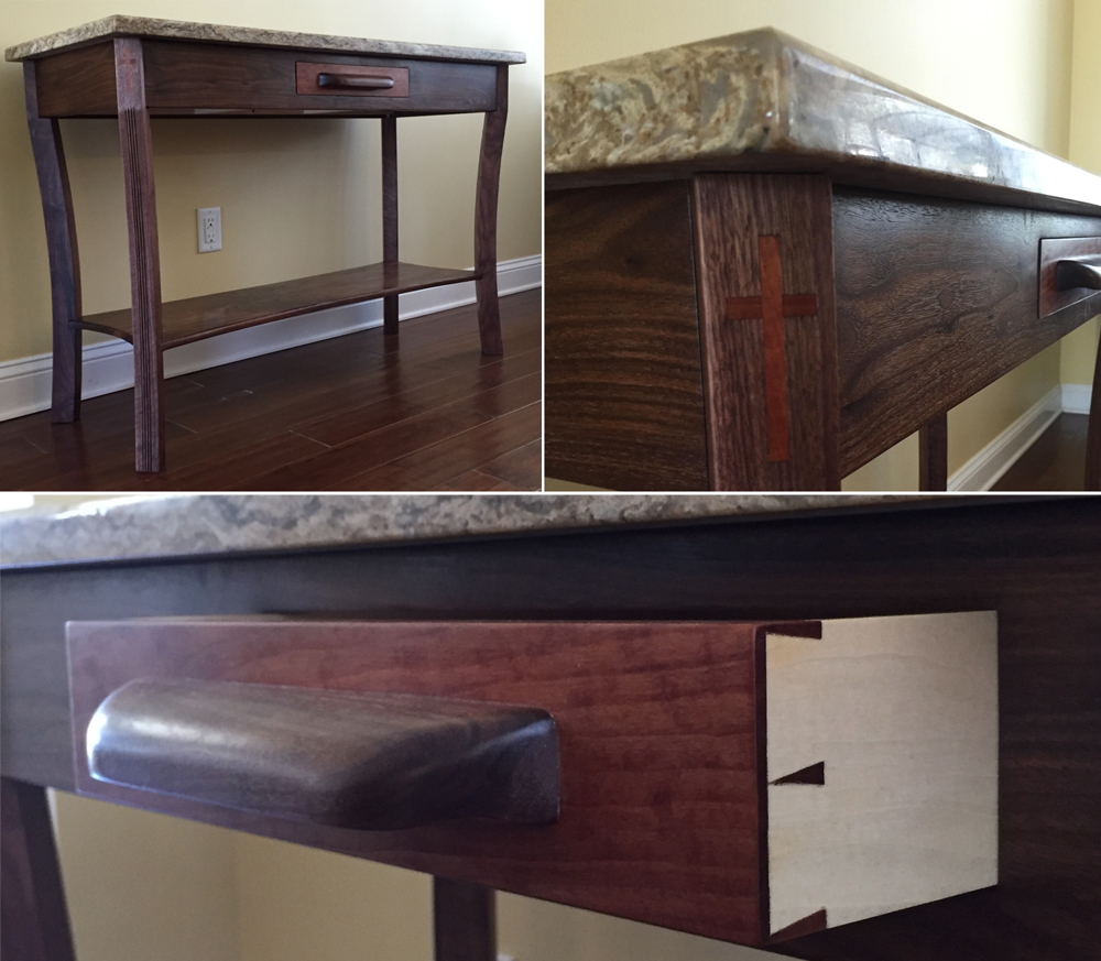 Robert's handmade table with cross detailing and a handmade drawer and handle