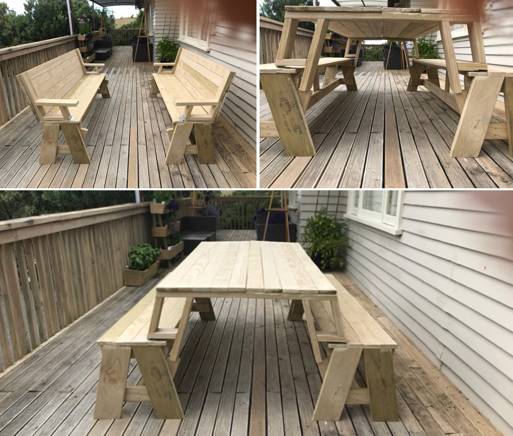 Sam's design of Cape Cod chairs, which can be made into a picnic table by removing the back rests and turning them upside down