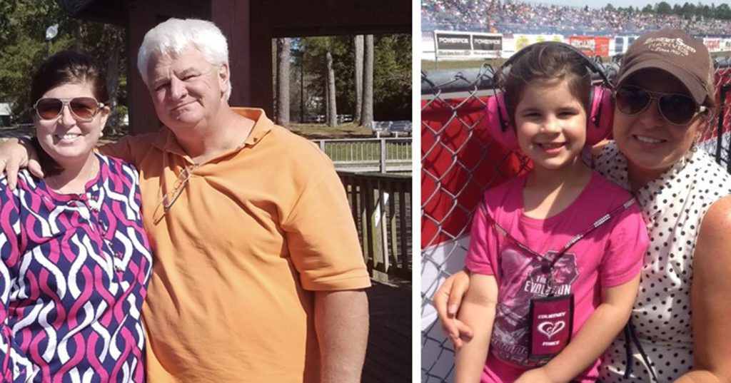 Tracie posing with her dad and her daughter in collage