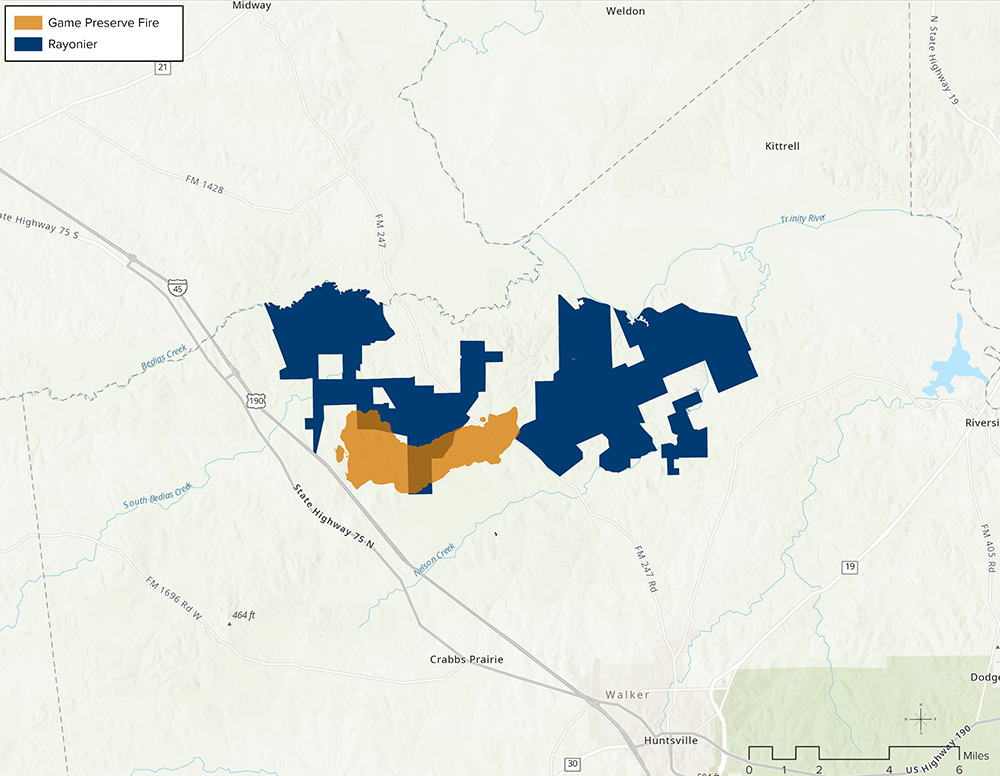Map showing the wildfires from the Game Preserve Fire compared to New England Forestry land.