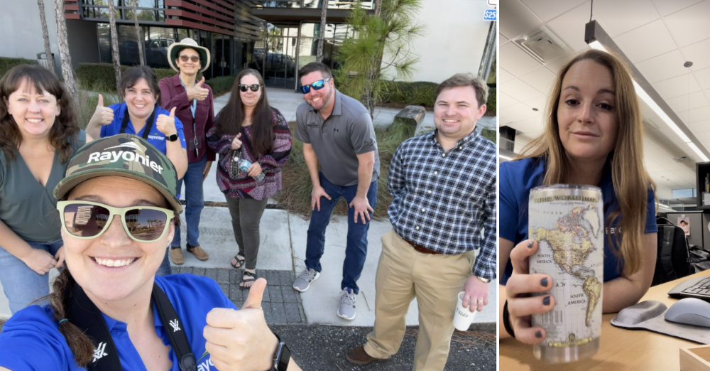 Group of team members and person with a cup that has a map on it. 