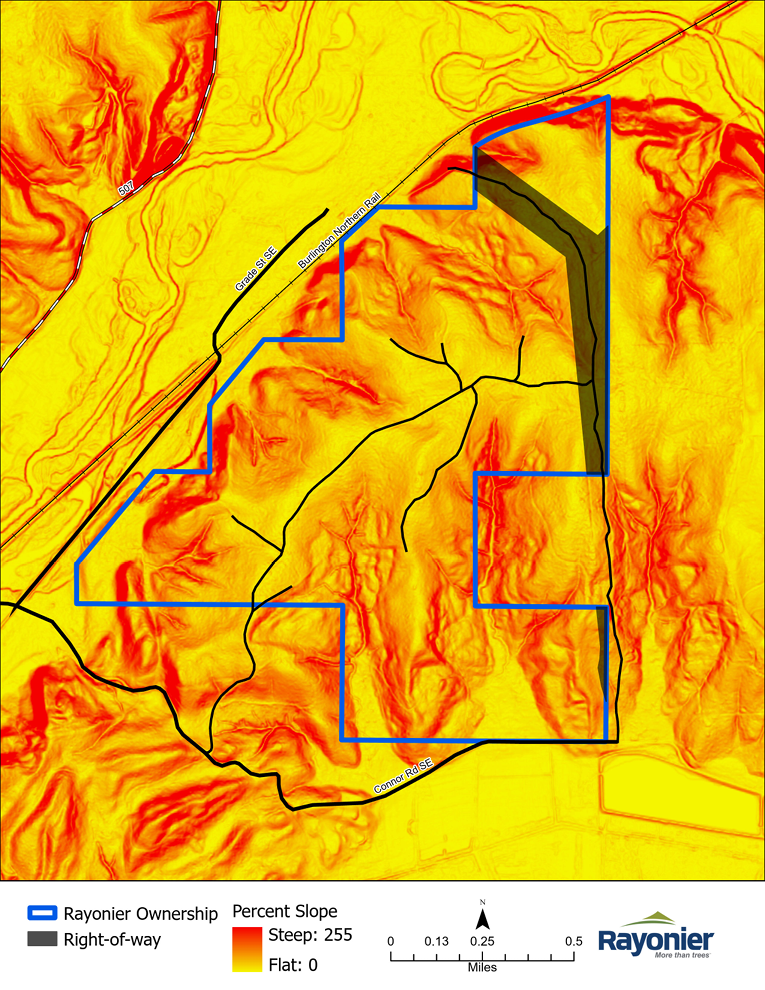 A LiDAR map displays information on slope information that includes an outlined perimeter of New England Forestry land, roads, and surrounding areas.